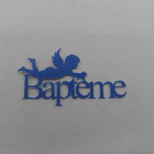 N°724 mot baptême  en papier tapisserie bleu  avec un petit ange  découpage 