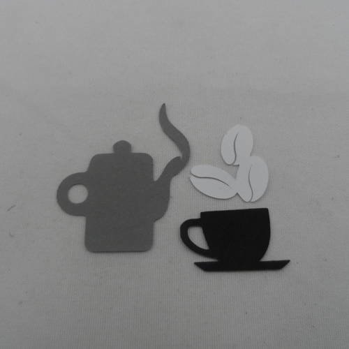 N°703 lot de trois éléments sur le thème du café en papier blanc  gris et noir ( cafetière fumée, tasse et soucoupe,