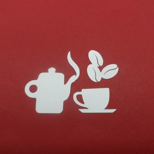 N°703 lot de trois éléments sur le thème du café  en papier blanc  ( cafetière fumée, tasse et soucoupe, grains de cafés)