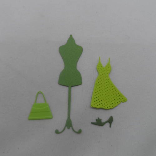 N°676 lot de cinq éléments mode  en papier vert (mannequin, robe, chapeau, 1 chaussure, sac) découpage fin