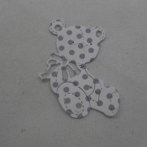 N°665 adorable petit ourson   en papier fond blanc  à   pois violet découpage fin et gaufrage
