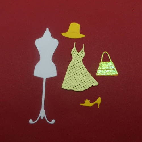 N°676  lot de cinq éléments mode  en papier jaune  et blanc  (mannequin, robe, chapeau, 1 chaussure, sac) découpage fin