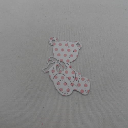 N°665 adorable petit ourson   en papier fond blanc à pois  rose   découpage fin et gaufrage