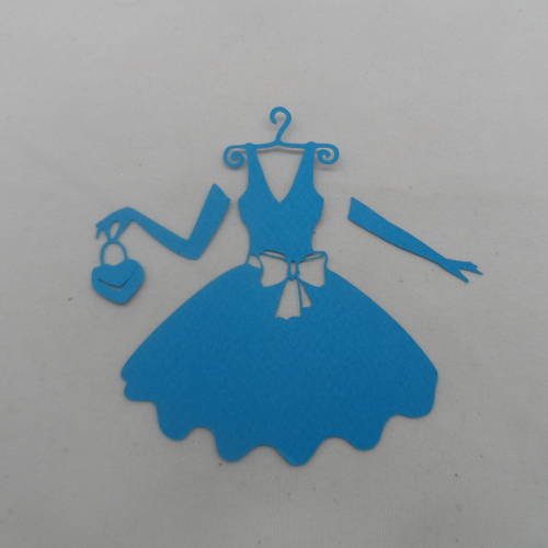 N°632 robe chic sur cintre  avec 2 gants longs et un petit sac en papier bleu turquoise 