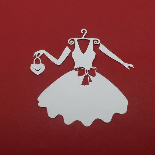 N°632 robe chic sur cintre  avec 2 gants longs et un petit sac en papier blanc  en 3 morceaux 
