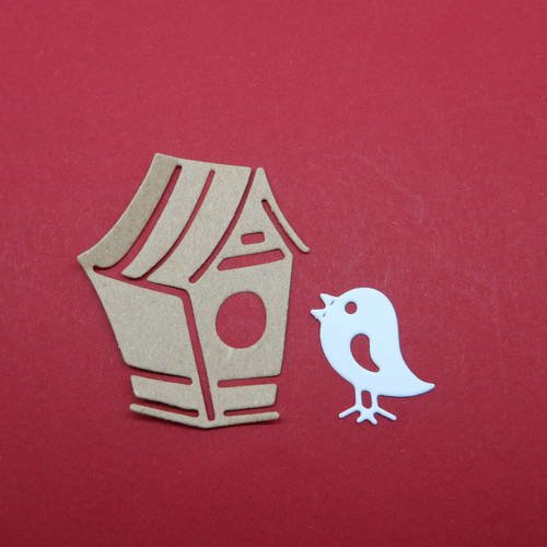 N°587 d'un nichoir  marron (papier kraft) et un petit oiseau blanc découpage