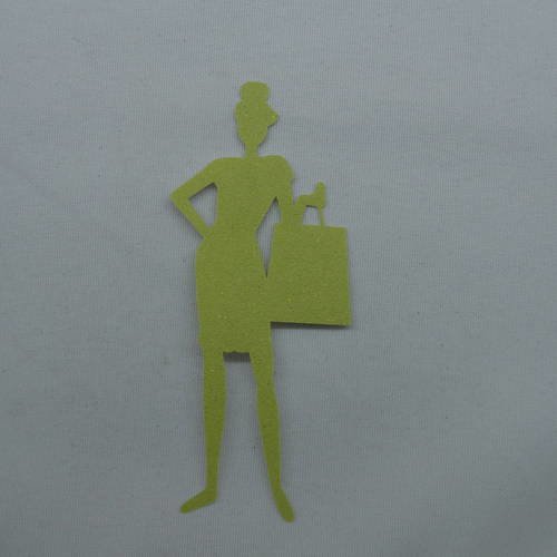 N°421   d'une femme avec un sac de course en papier tapisserie vert à paillette découpage 