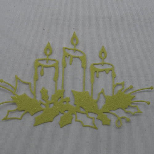 N°106 décoration de  noël  3 bougies et houx  en papier tapisserie vert à paillette  découpage  fin