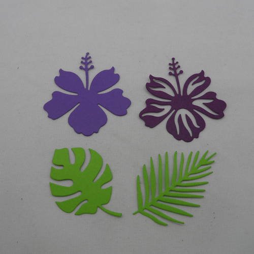 N°500 d'un lot de deux fleurs et deux feuilles différentes  en papier violet  et vert découpage fin