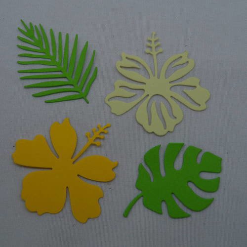 N°500 d'un lot de deux fleurs et deux feuilles différentes  en papier jaune  et vert découpage fin