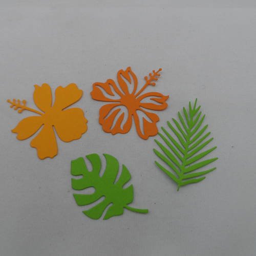 N°500 d'un lot de deux fleurs et deux feuilles différentes  en papier orange  et vert découpage fin