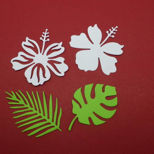 N°500 d'un lot de deux fleurs et deux feuilles différentes  en papier blanc  et vert découpage fin