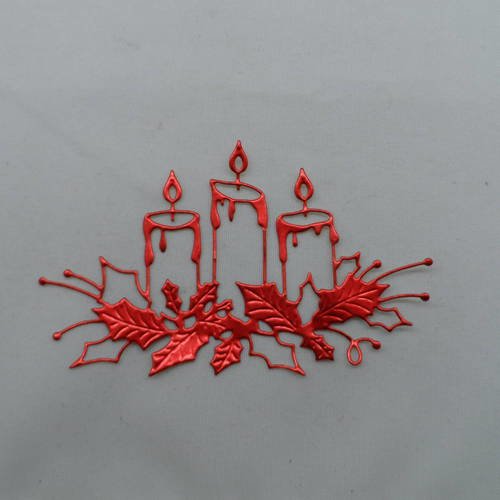 N°106 décoration de  noël  3 bougies et houx  en papier métallisé rouge et doré sur recto découpage  fin