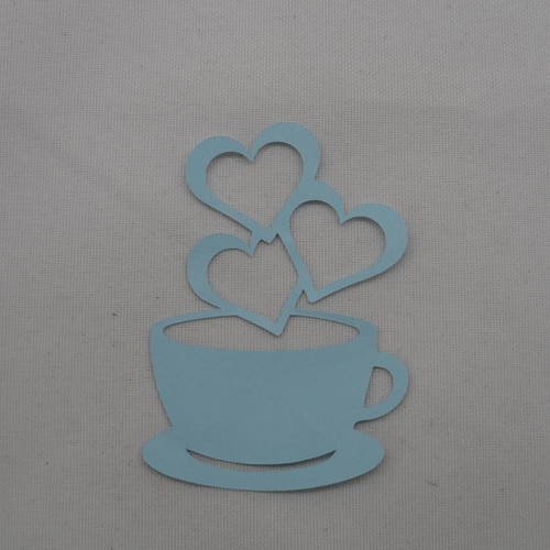 N°217 tasse avec "fumée"  3 cœurs en papier bleu ciel   embellissement 