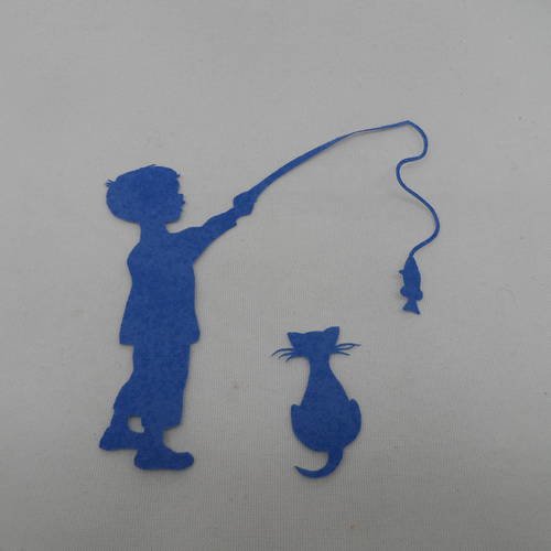 N°363 petit garçon pêche un  poisson et son  chat regarde   en papier tapisserie  bleu   découpage