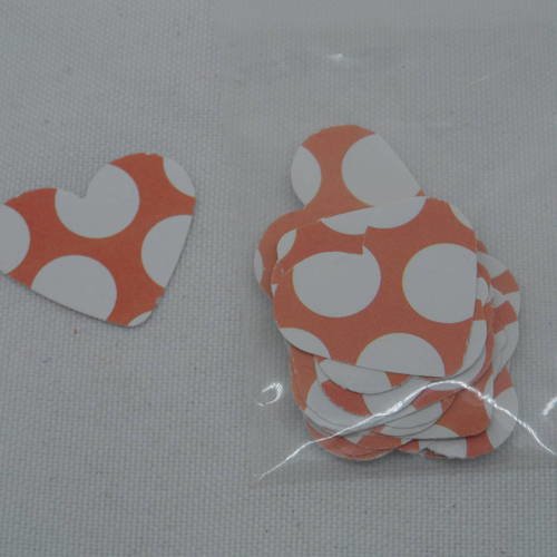 N°358 lot de 25 petits cœurs en papier  fond  orange à gros pois blanc   pour  embellissement 