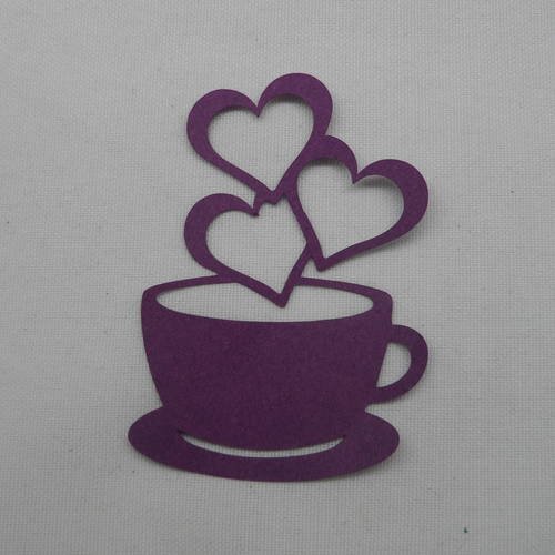N°217 tasse avec "fumée"  3 cœurs  en papier violet foncé   embellissement 
