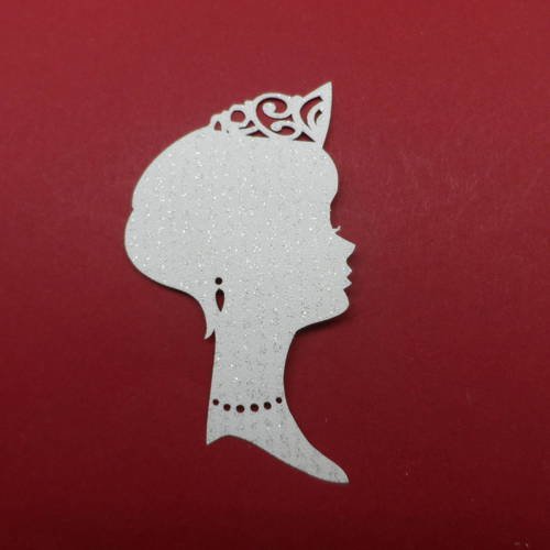 N°128 tête de princesse de profil  en papier tapisserie blanc à paillette  avec bijoux et couronne  découpage 