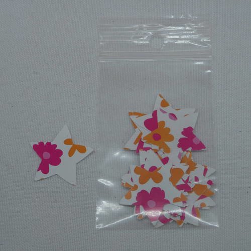 N°450 lot de 25 étoiles en papier fond blanc à motif rose fuchsia orange pour  embellissement 