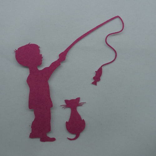 N°363  petit garçon pêche un  poisson et son  chat regarde   en papier tapisserie fuchsia    découpage