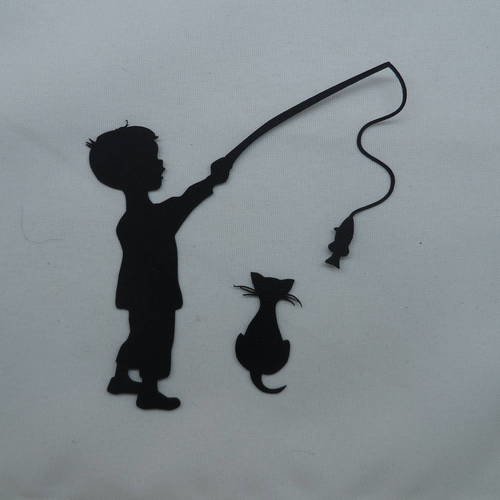 N°363 petit garçon pêche un  poisson et son  chat regarde   en papier noir  découpage