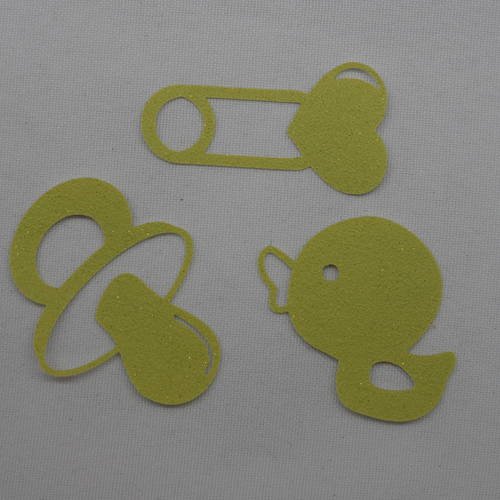 N°315 lot de 3 objets bébé sucette épingle à nourrice jouet canard  en papier tapisserie vert à paillette   découpage fin 