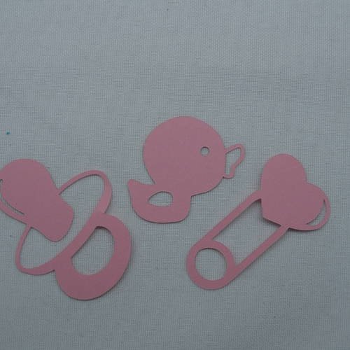N°315 lot  de 3 objets bébé sucette épingle à nourrice jouet canard  en papier rose   découpage fin 