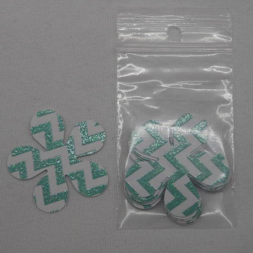 N°161 lot de 10 fleurs en papier  fond blanc à zig zag vert  et paillettes  pour  embellissement 