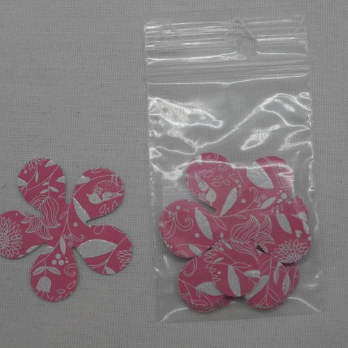 N°161 lot de 10 fleurs en papier rose avec  motif blanc et paillettes  pour  embellissement 