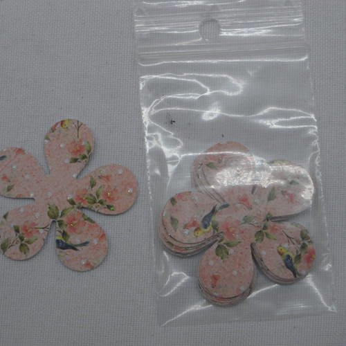 N°161 lot de 10 fleurs en papier rose avec  motif , pois blancs et paillettes  pour  embellissement 