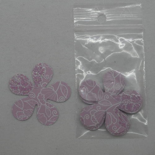 N°161 lot de 10 fleurs en papier rose avec  motif blanc et paillettes  pour  embellissement 