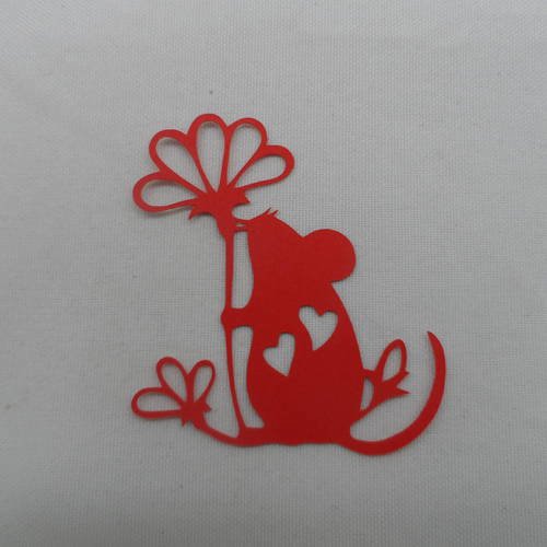 N°117 d'une souris avec fleurs cœurs   en papier rouge n°1  découpage fin 