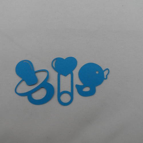 N°315 lot de 3 objets bébé sucette épingle à nourrice jouet canard  en papier bleu turquoise  découpage fin 