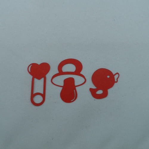 N°315 lot  de 3 objets bébé sucette épingle à nourrice jouet canard  en papier rouge  découpage fin 