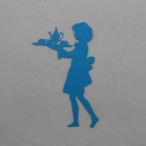 N°287  femme portant un plateau de café    en papier bleu turquoise découpage  fin 