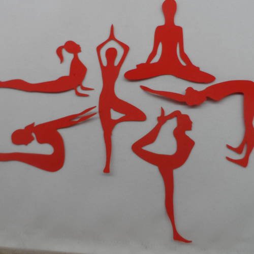 N°263 lot de six silhouettes en position de yoga  en papier rouge découpage  fin 