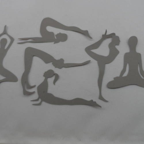 N°263 lot de six silhouettes en position de yoga  en papier gris  découpage  fin 