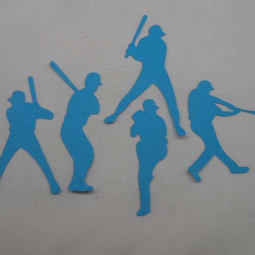 N°261 lot de cinq joueurs de baseball en papier bleu turquoise découpage  fin 