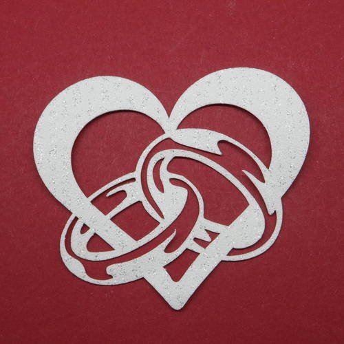 N°113   d'un cœur entrelacé avec des alliances en papier tapisserie  blanc à paillette  découpage fin 