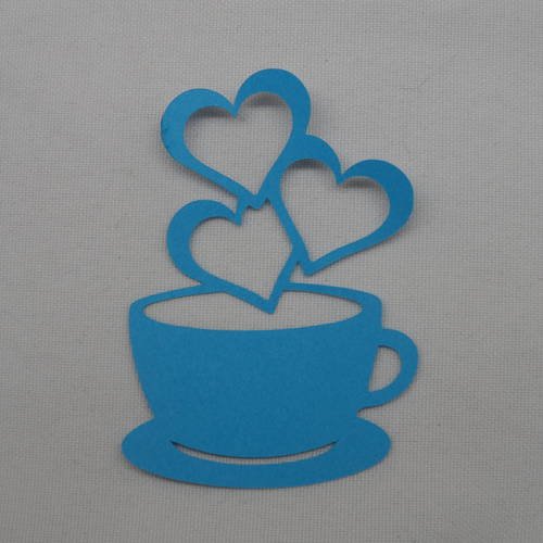 N°217 tasse avec "fumée"  3 cœurs en papier bleu turquoise   embellissement 