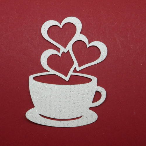 N°217 tasse avec "fumée"  3 cœurs  en papier tapisserie blanc à paillette  embellissement 