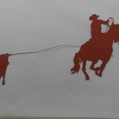 N°134 un cow boy avec son  lasso et un veau  en papier  marron  découpage