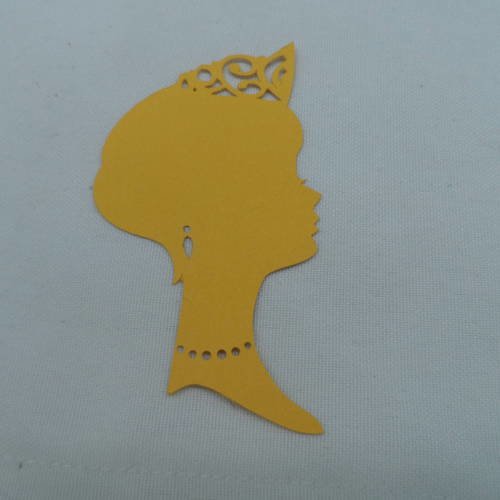 N°128 tête de princesse de profil  en papier  jaune orangé    avec bijoux et couronne  découpage 