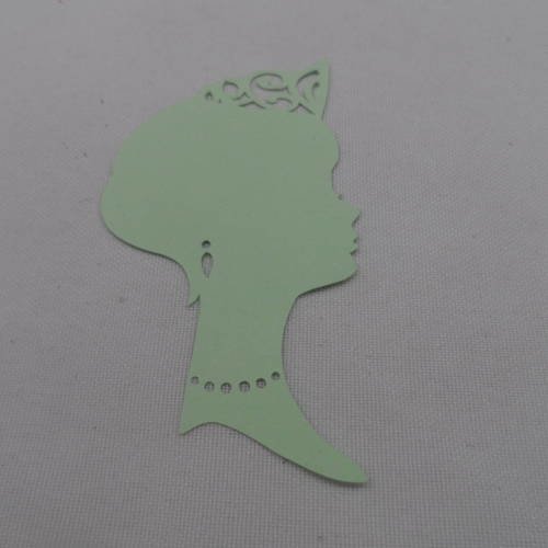 N°128 tête de princesse de profil en papier vert clair    avec bijoux et couronne  découpage 