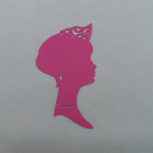 N°128 tête de princesse de profil en papier  rose fuchsia  avec bijoux et couronne  découpage 