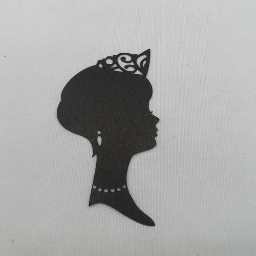 N°128 tête de princesse de profil en papier noir  avec bijoux et couronne  découpage 