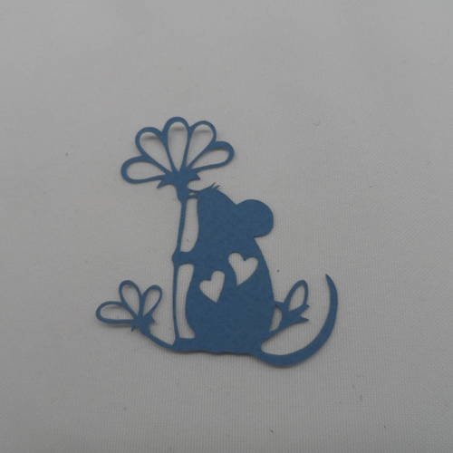 N°117 d'une souris avec fleurs cœurs en papier  bleu "jeans" découpage fin
