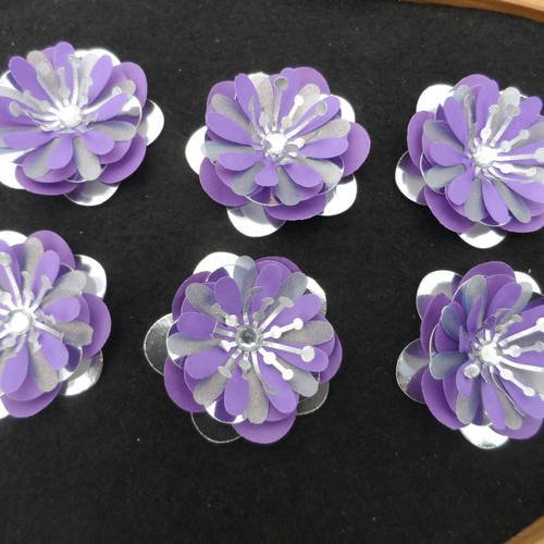 N°159 fleurs en papier violet et argent   cœur  strass pour embellissement 