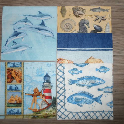 N°160 lot de 5 serviettes différentes en papier sur thème de la mer 