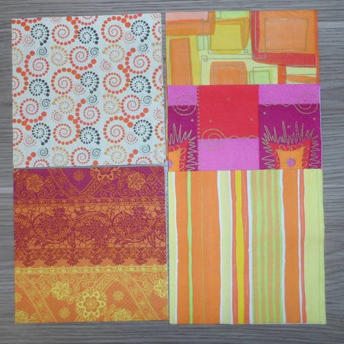 N°160 lot de 5 serviettes différentes en papier à motifs  couleur orange 